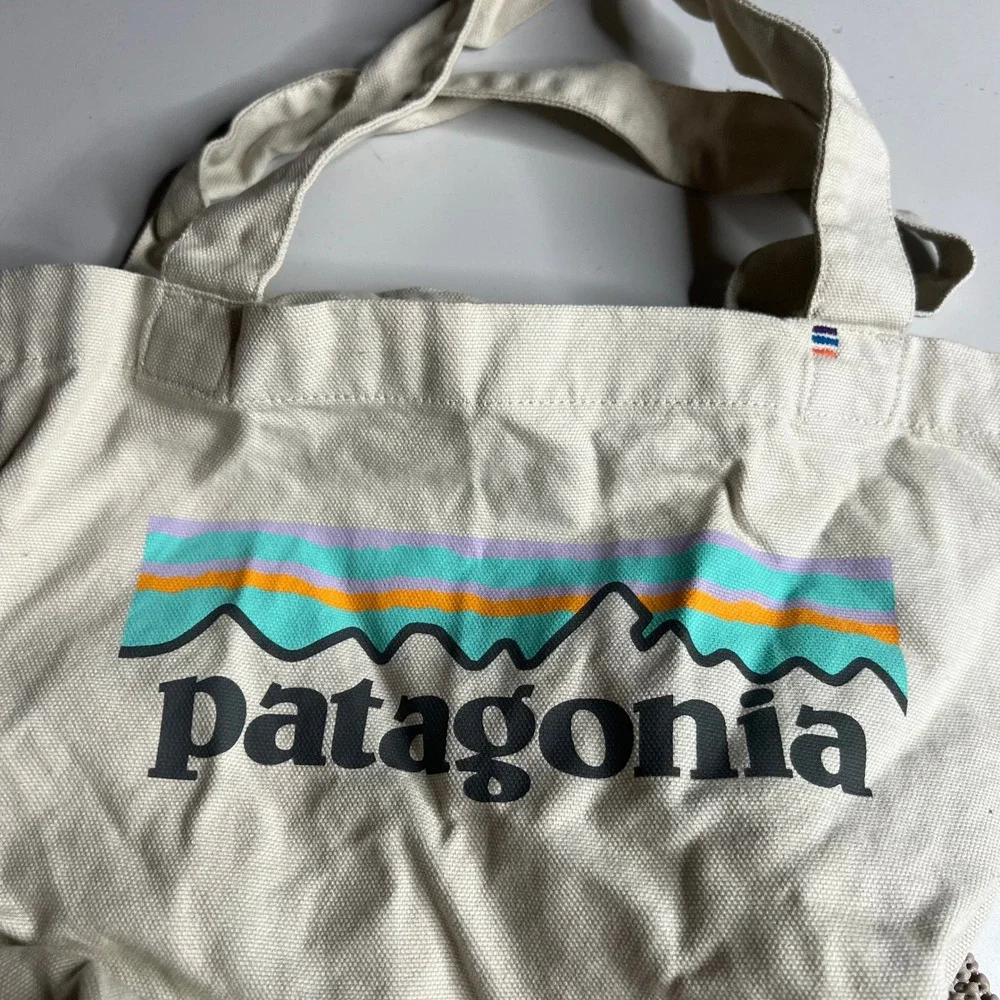 Patagonia Canvas Tote Bag Cream Multi Color Fitz Roy Logo Reusable Shopper